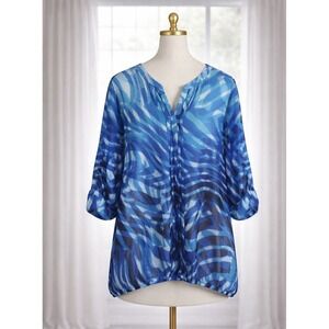New Calvin Klein XL Popover Office Top Vibrant Blue Print 3/4 Roll Tab V Neck